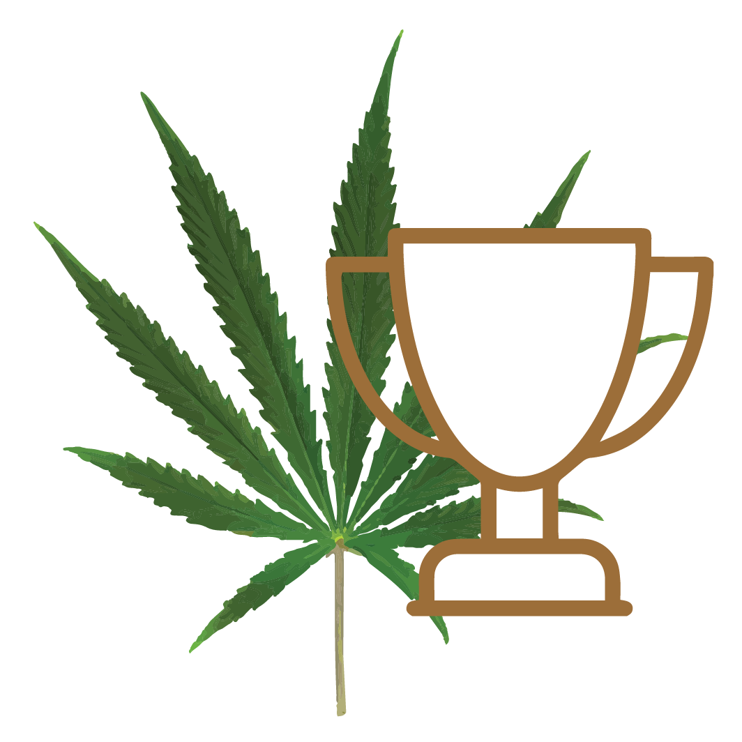 Icona di una coppa con sullo sfondo una foglia di cannabis light
