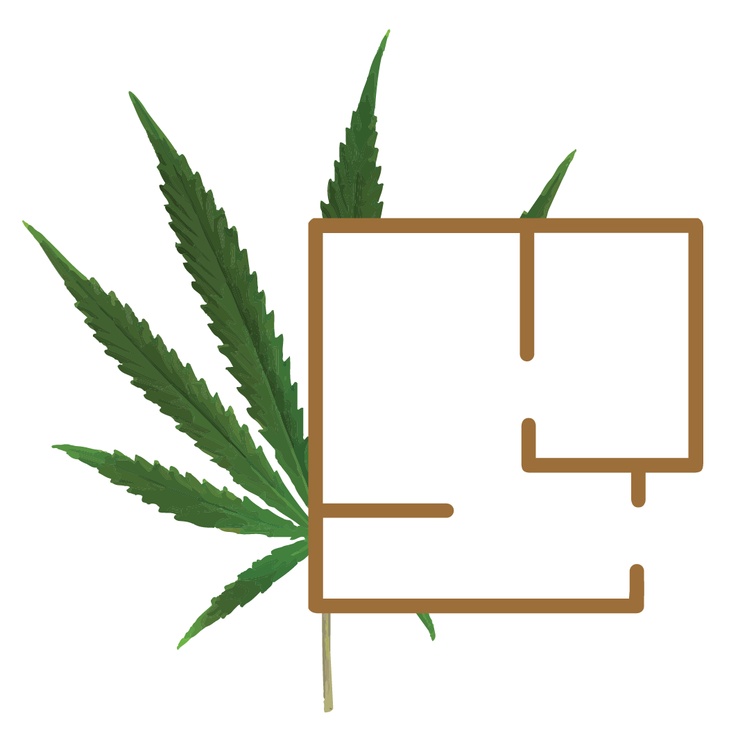 Icona di una piantina di un edificio con una foglia di cannabis light come sfondo