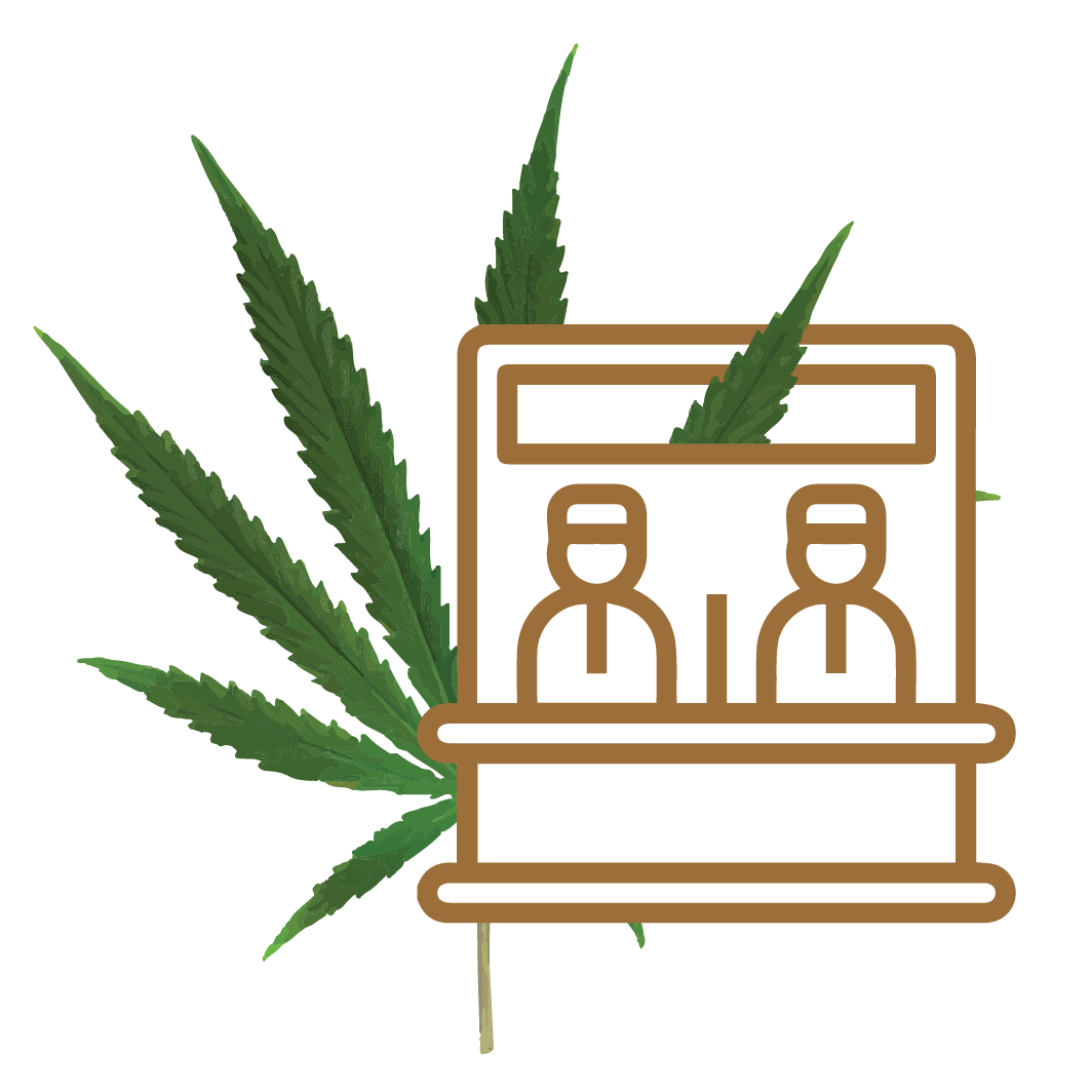 Icona di uno stand con una foglia di cannabis light sullo sfondo